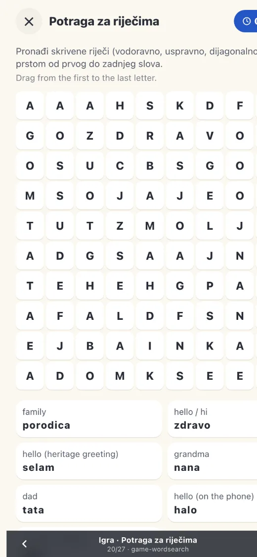 Bosanski word-search game: find hidden Bosnian words such as porodica, zdravo, nana and tata