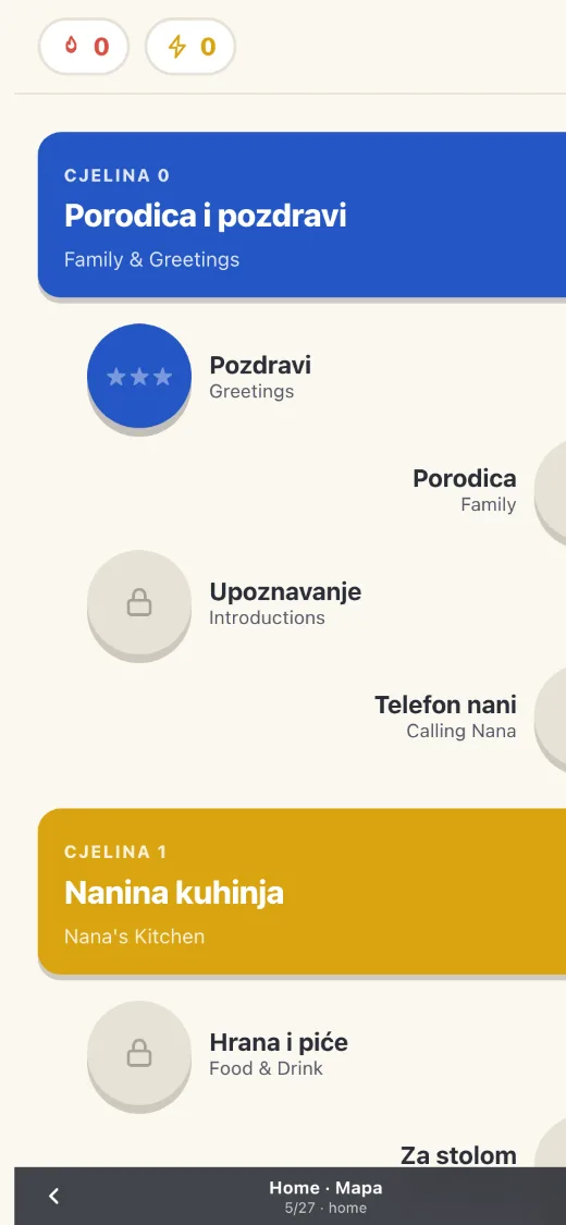 Bosanski home screen: lesson path for Unit 0, Porodica i pozdravi (Family & Greetings), and Unit 1, Nanina kuhinja (Nana's Kitchen)
