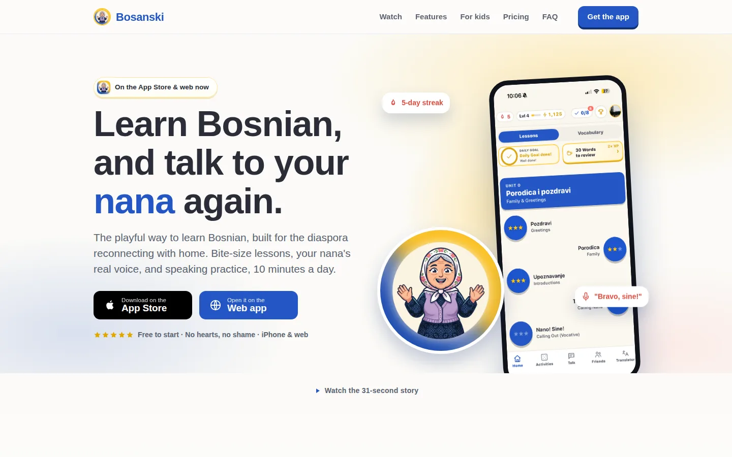 The bosanski.app landing page: “Learn Bosnian, and talk to your nana again.” with App Store and web app buttons, Nana, and the app's lesson path on a phone