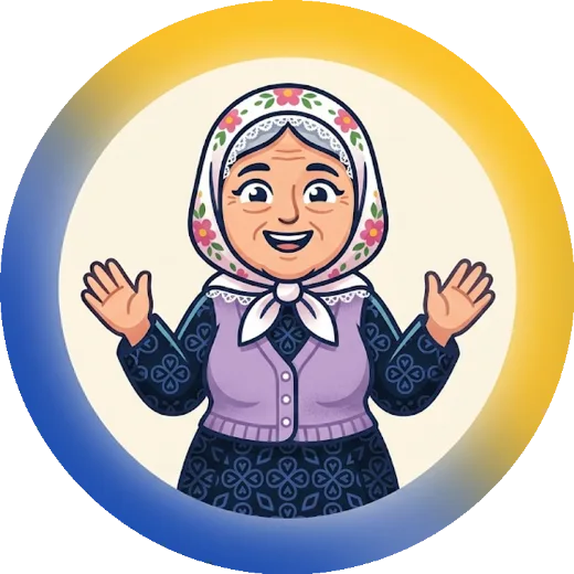 Nana, Bosanski's guide: a smiling Bosnian grandmother in a floral headscarf, waving