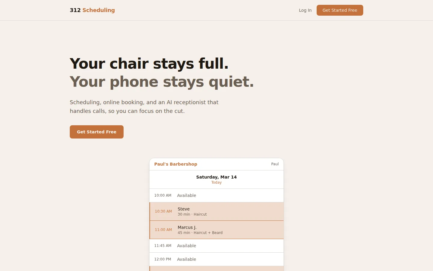 312 Scheduling landing page: “Your chair stays full. Your phone stays quiet.” above a day-schedule view for a barbershop