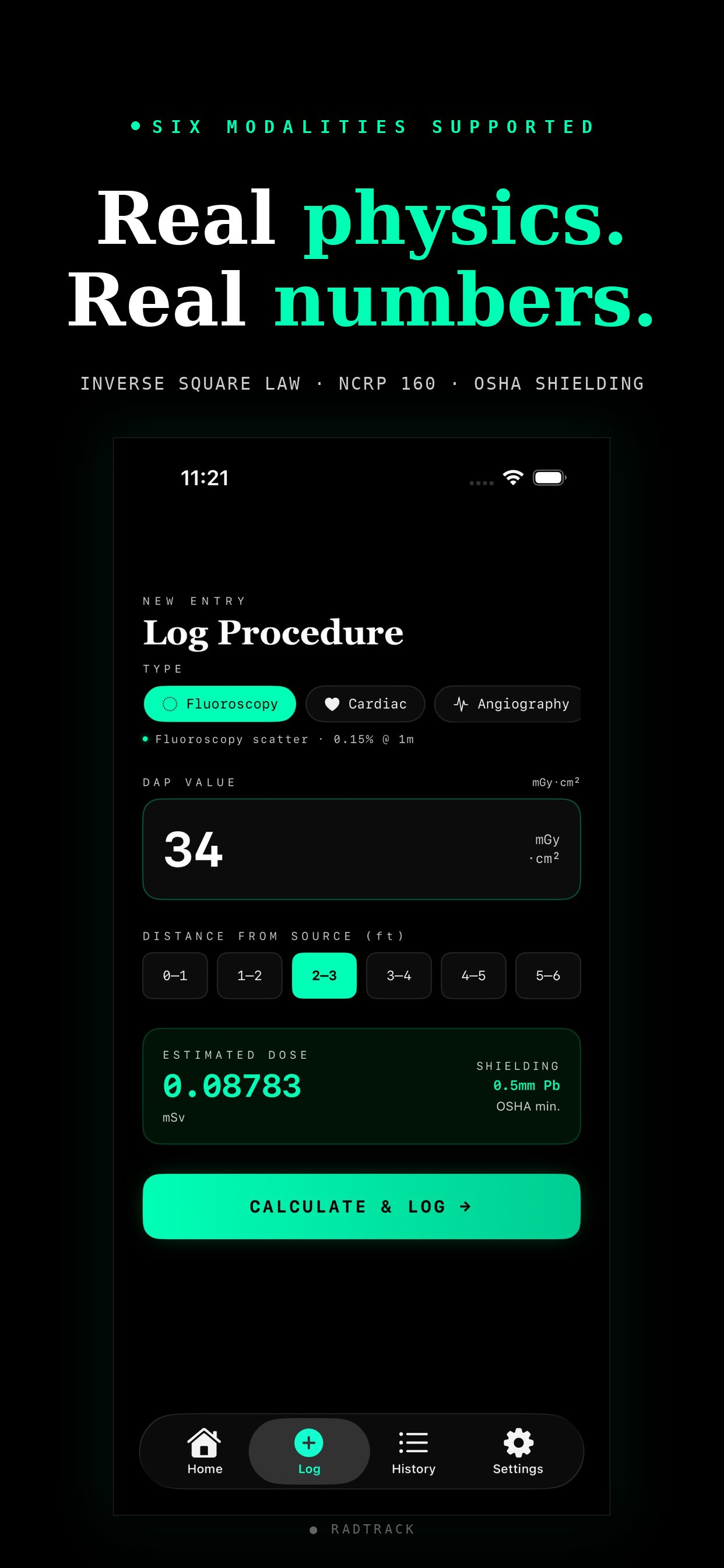 RadTrack log procedure screen — real physics, real numbers. Inverse square law, NCRP 160, OSHA shielding