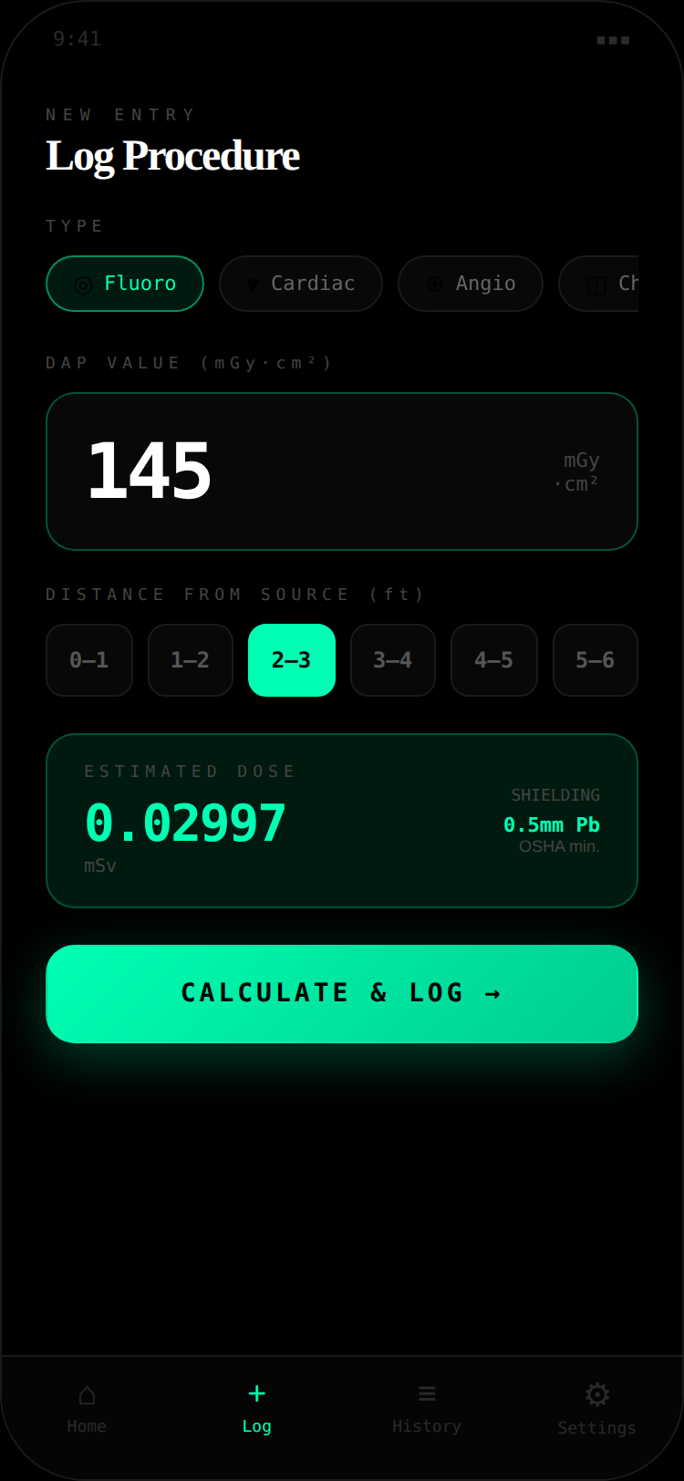RadTrack log screen for entering a procedure's DAP and distance